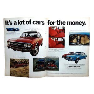 1972 Audi with Porsche 917 Mercedes Benz Cadillac Original Print Ad vintage 70s